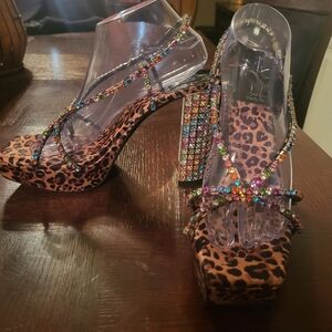 Jeffrey Campbell Platform Leopard Sandals Jeweled Chunky Heels 9.5